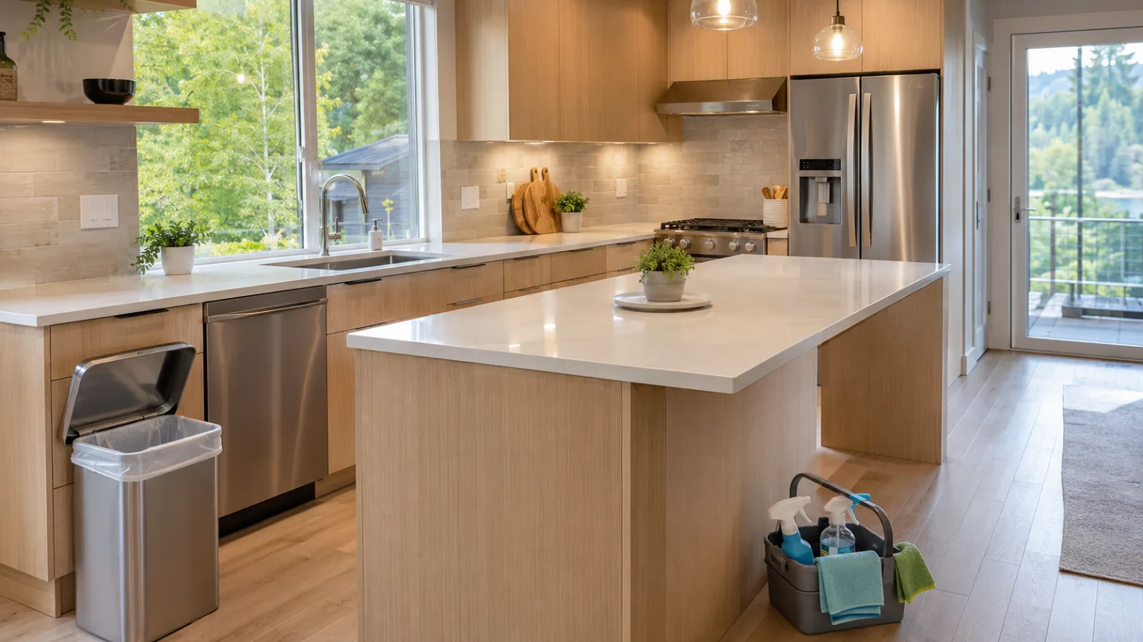 Bright kitchen with wiped quartz island, polished stainless steel appliances and mopped wood floors after cleaning by Alyne Oliver Cleaning in Panama City, FL